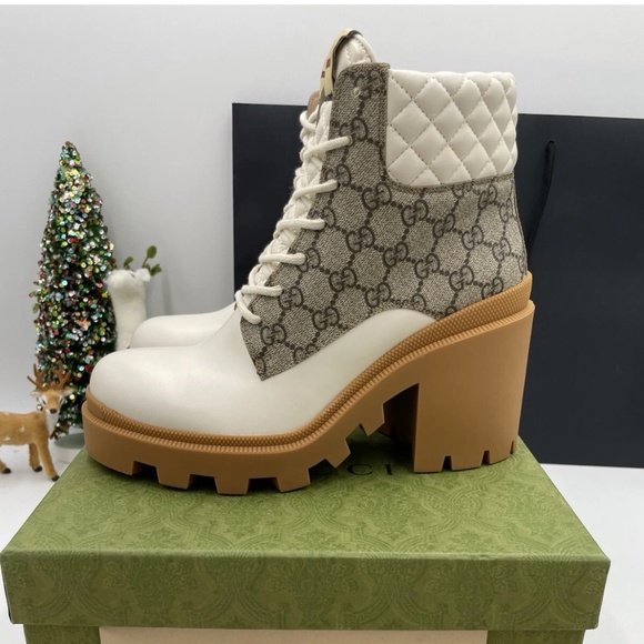 Women’s Gucci calf skin GG supreme monogram, Napa quilted lace up ankle boots 41 - Picture 1 of 9
